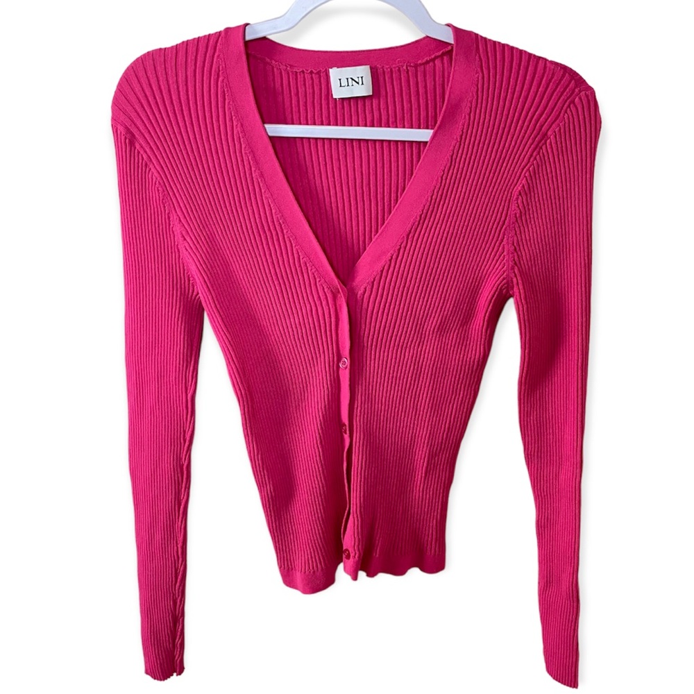 Lini Hot Pink Ribbed Shea Cardigan Long Sleeve Top